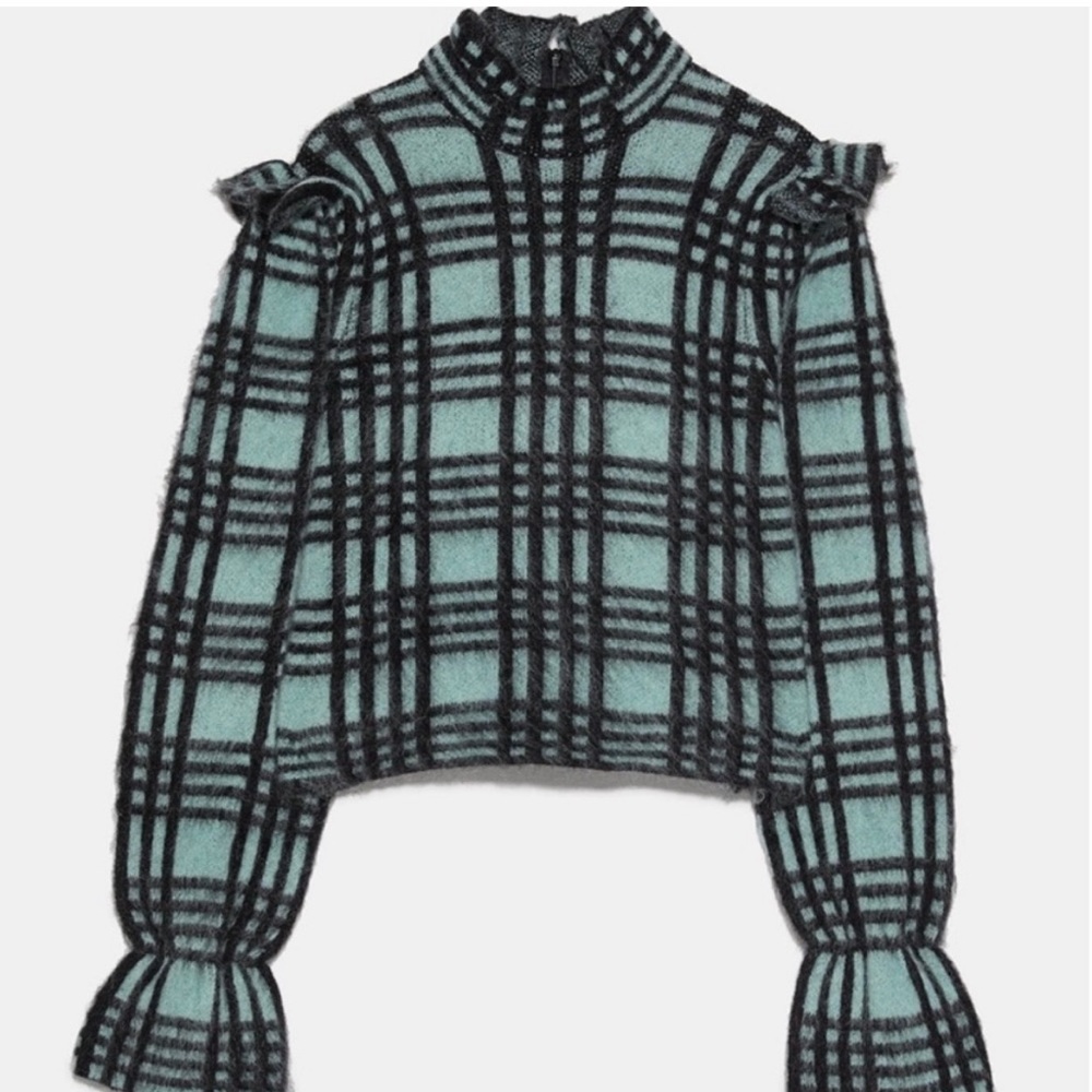 Zara Plaid Ruffle Wool Mohair Blend Sweater - Picture 7 of 11